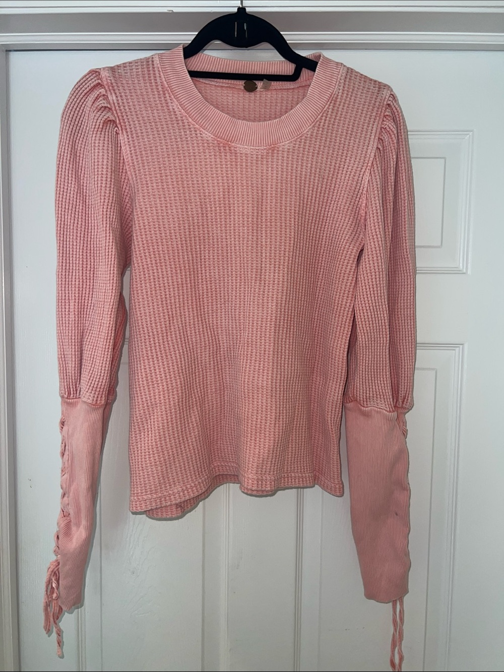 Free People Pink Waffle-Knit Puff-Shoulder Long Sleeve Top